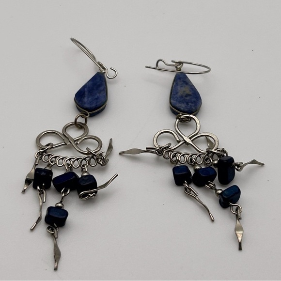 Boho Genuine Blue Stone Long Dangle Tassel Earrings Silver Tone Layered Knotted - Picture 7 of 9